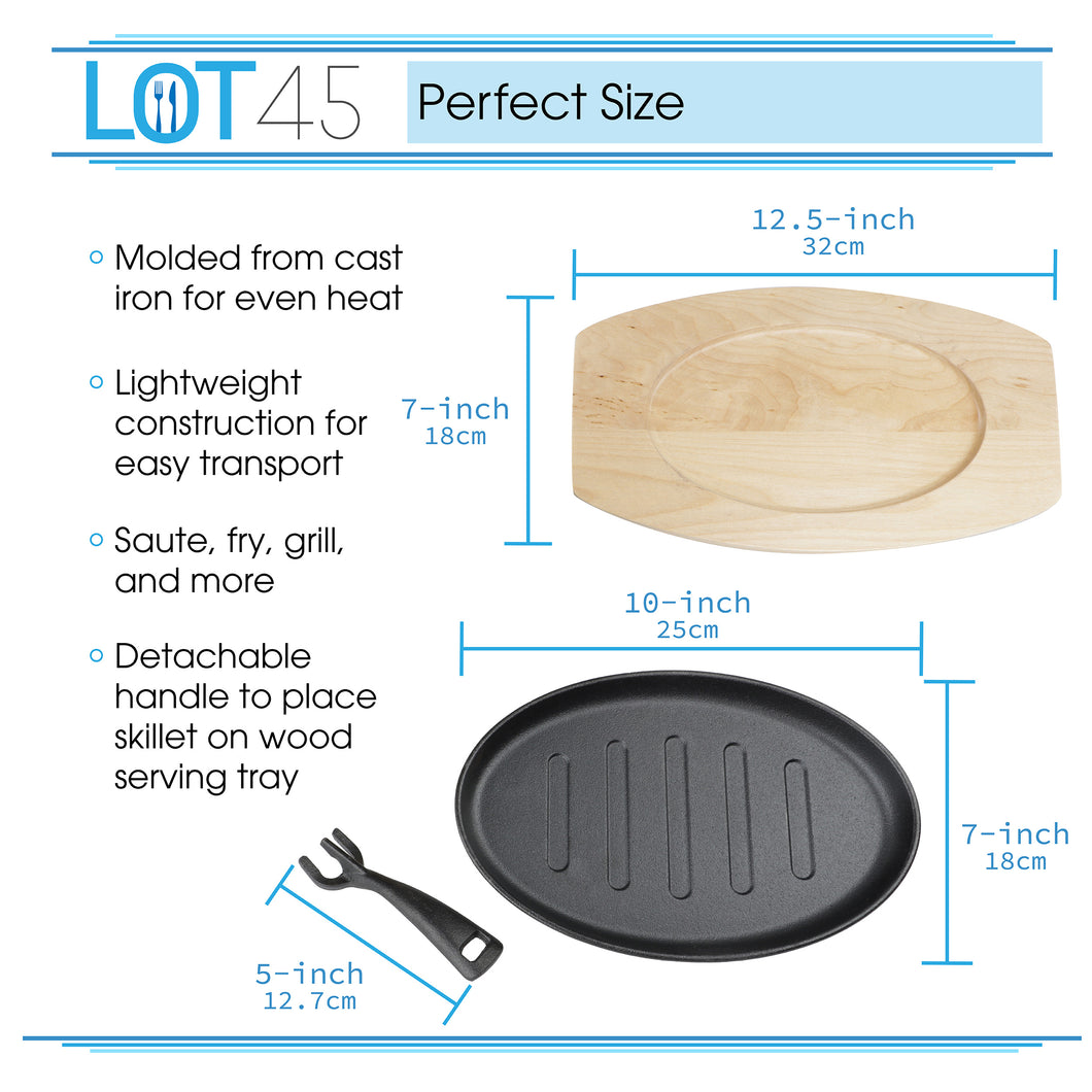Cast Iron Fajita Sizzling Pan - 10in Sizzling Plate with Wooden Base