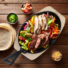 Load image into Gallery viewer, Cast Iron Fajita Sizzling Pan - 10in Sizzling Plate with Wooden Base
