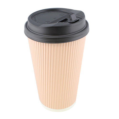 Paper Cups with Lids, 100 Pk - 16 oz Coffee Cups Rippled Sleeve, Pink