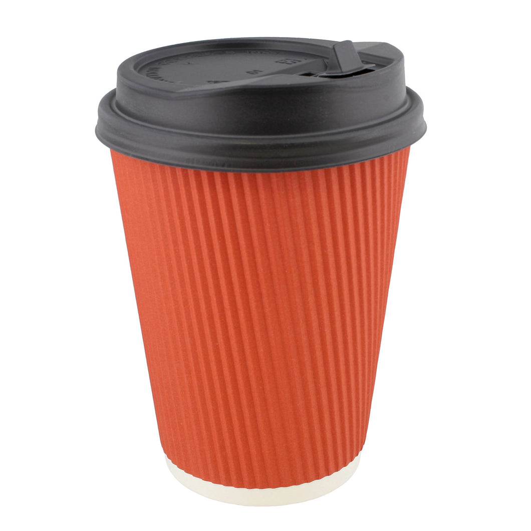 Paper Cups with Lids, 100 Pk - 12 oz Coffee Cups Rippled Sleeve, Red