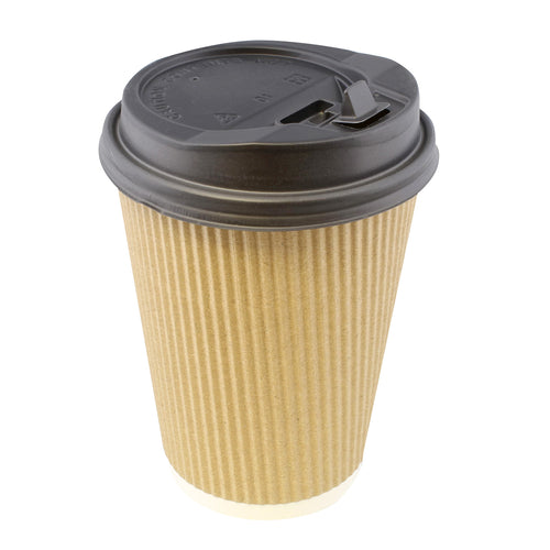 Paper Cups with Lids, 100 Pk - 12 oz Coffee Cups Rippled Sleeve, Brown