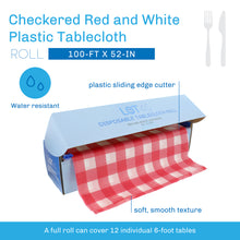Load image into Gallery viewer, Table Covers - 100ft x 52in Red and White Plastic Tablecloth Roll
